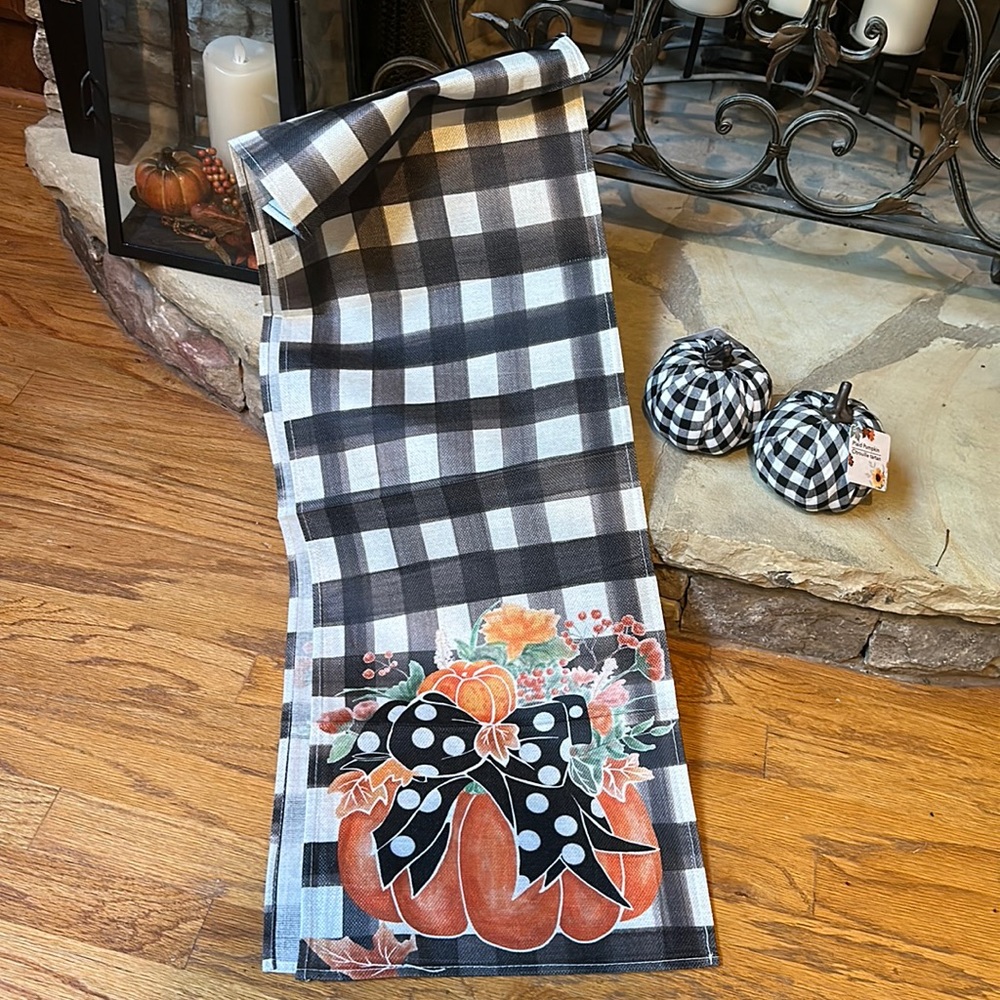 NWT Set of Halloween Fall Pumpkin Table Runner and 2 Buffalo Plaid Pumpkins